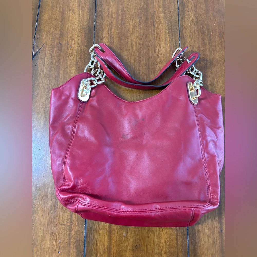 Michael Kors Lily Red Lambskin Leather Gold tone Chain Straps Tote - Picture 3 of 10